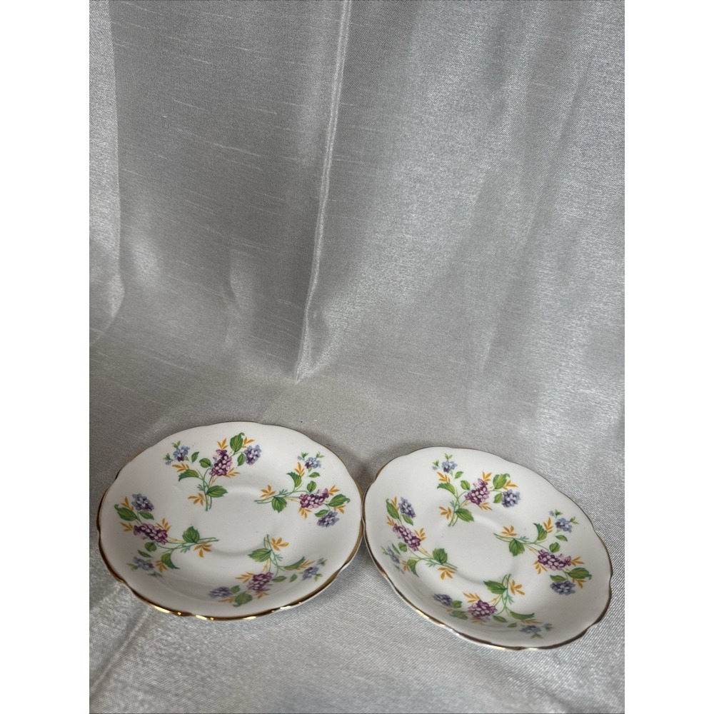 Royal Stuart Saucer Set Floral Design Gold‎ Trim Bone China England Set of 2